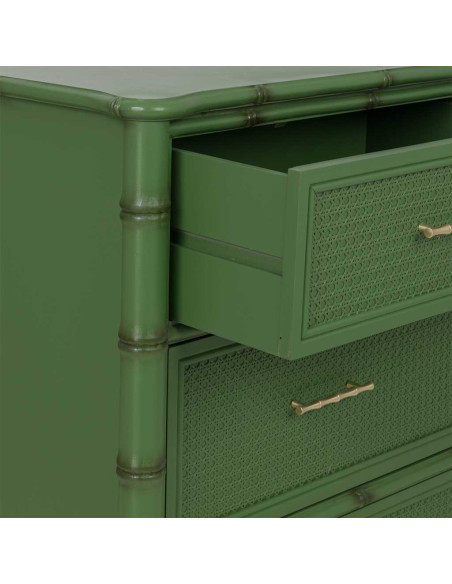 Commode 4 tiroirs vert olive et rotin 117x39x92 cm Delaruna  - 5