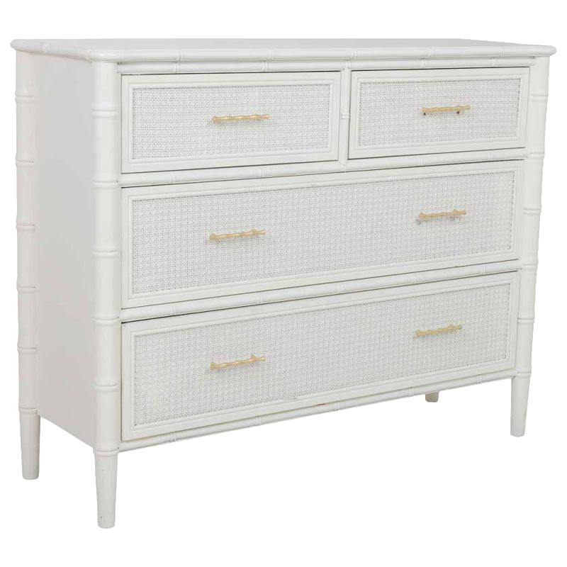Commode 4 tiroirs blanche et rotin 117x39x92 cm Delaruna  - 1