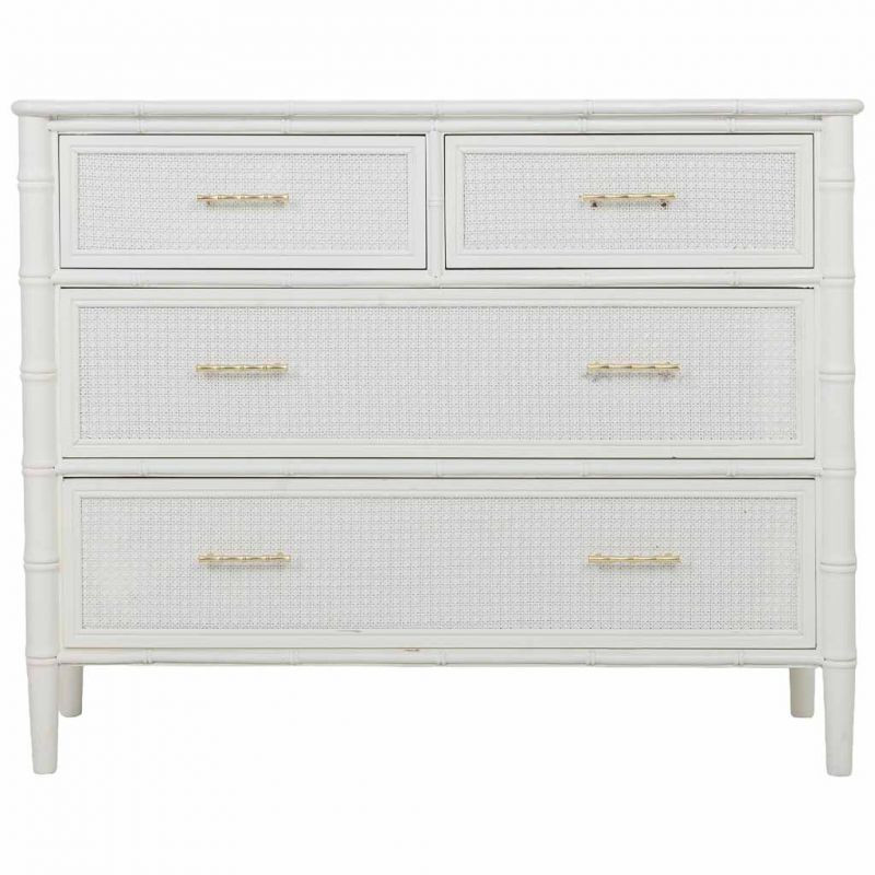 Commode 4 tiroirs blanche et rotin 117x39x92 cm Delaruna  - 2