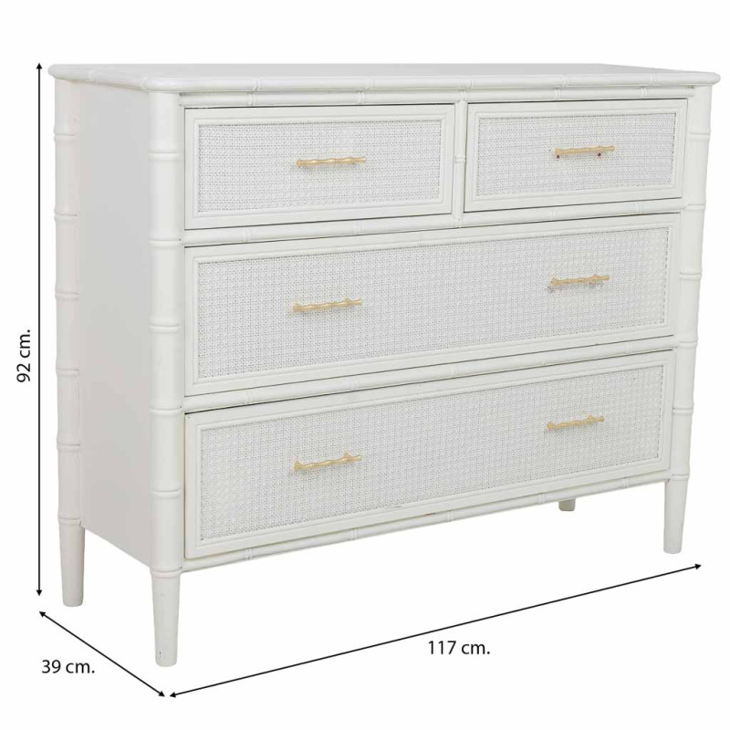 Commode 4 tiroirs blanche et rotin 117x39x92 cm Delaruna  - 9
