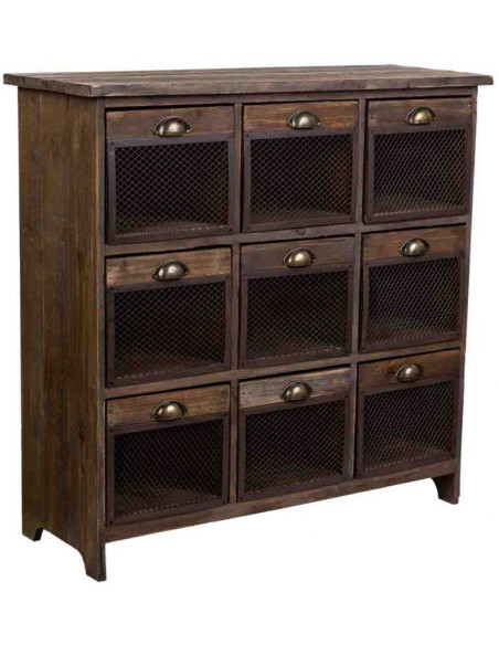 Commode industrielle 9 tiroirs bois brun métal 94,5x35x94,5 cm Orlenero  - 1