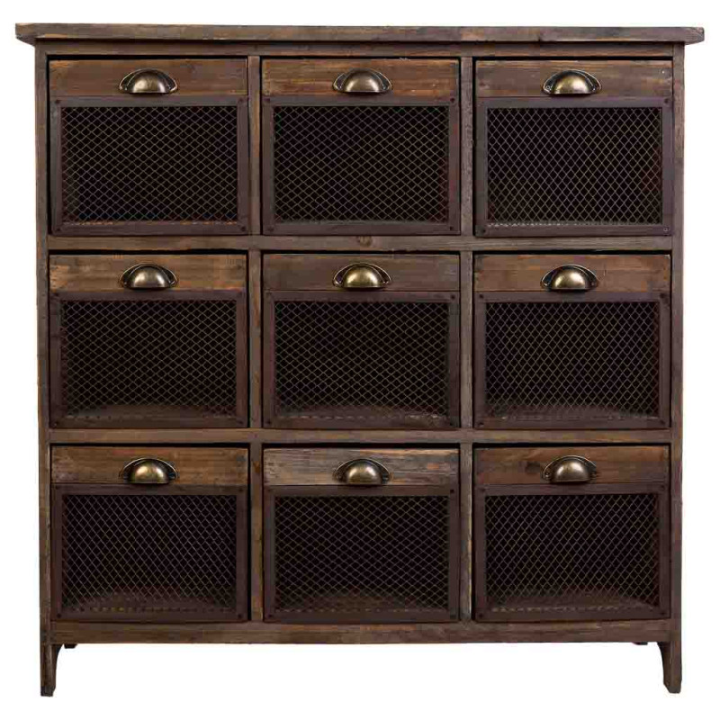 Commode industrielle 9 tiroirs bois brun métal 94,5x35x94,5 cm Orlenero  - 2