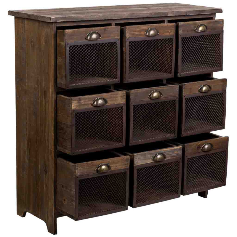 Commode industrielle 9 tiroirs bois brun métal 94,5x35x94,5 cm Orlenero  - 3