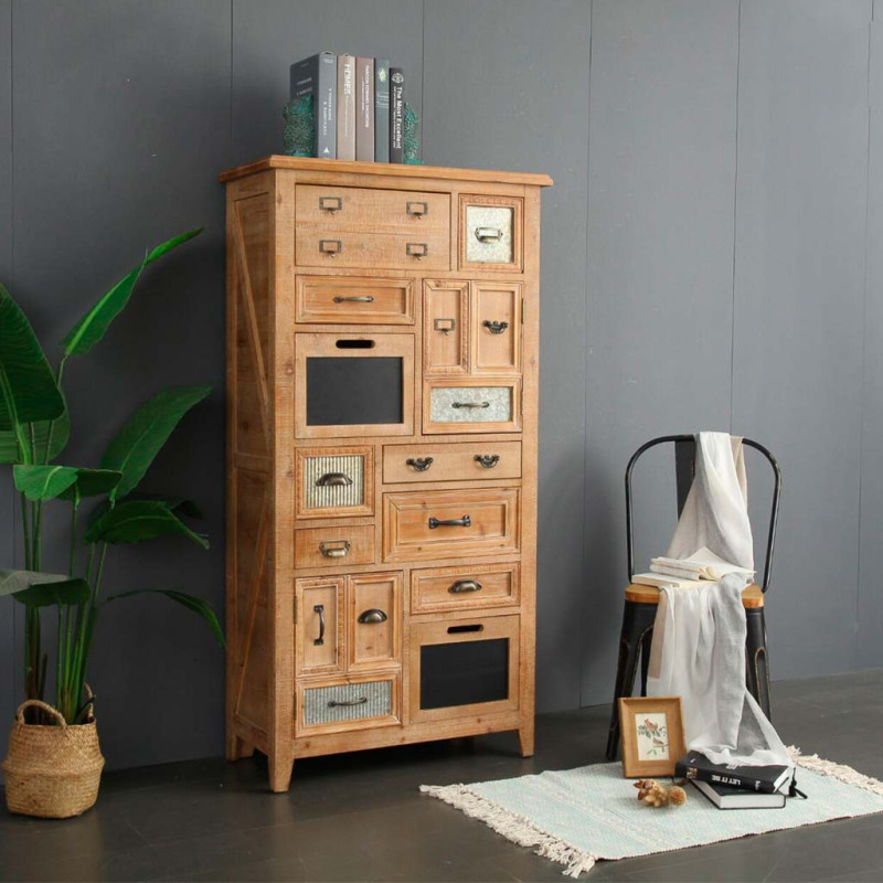 Meuble apothicaire bois brun 10 tiroirs 80x37x155 cm Hareliel  - 2