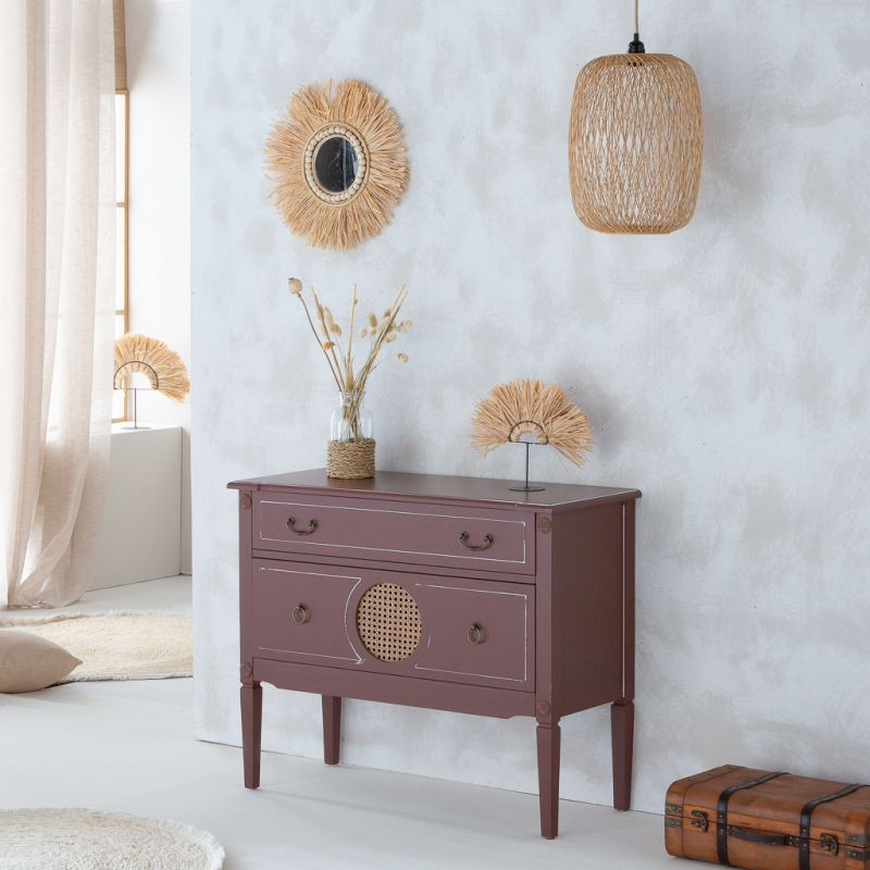 Commode 2 tiroirs brun chocolat en bois et rotin 88x38x72 cm Savenela  - 2