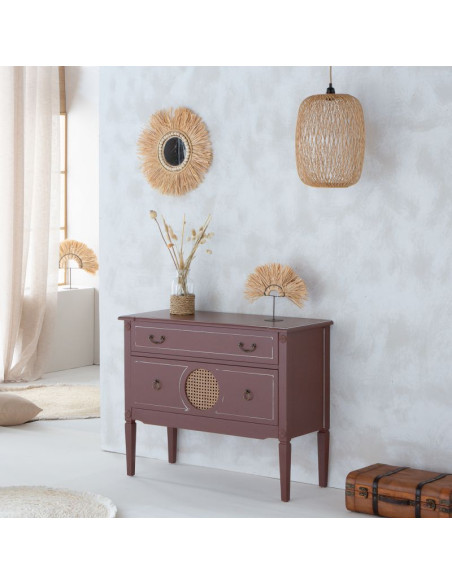 Commode 2 tiroirs brun chocolat en bois et rotin 88x38x72 cm Savenela  - 2