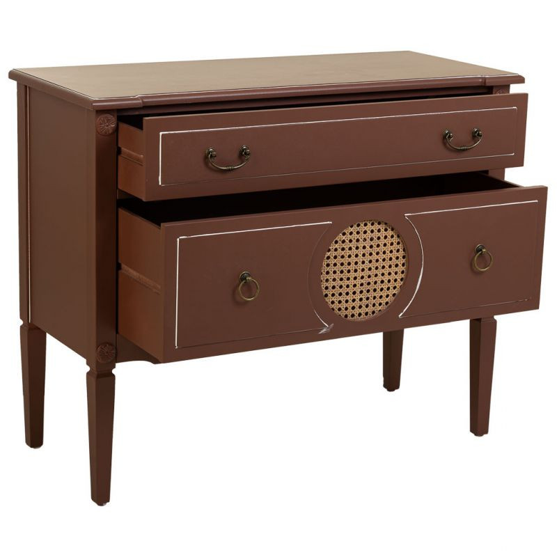 Commode 2 tiroirs brun chocolat en bois et rotin 88x38x72 cm Savenela  - 4