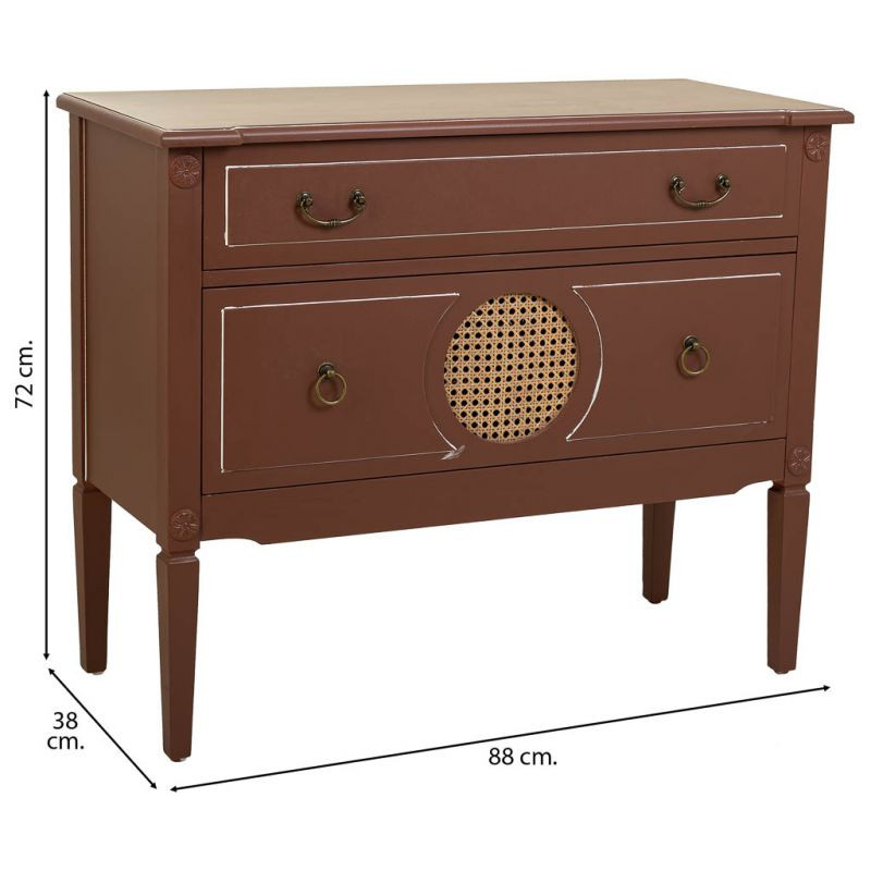 Commode 2 tiroirs brun chocolat en bois et rotin 88x38x72 cm Savenela  - 9