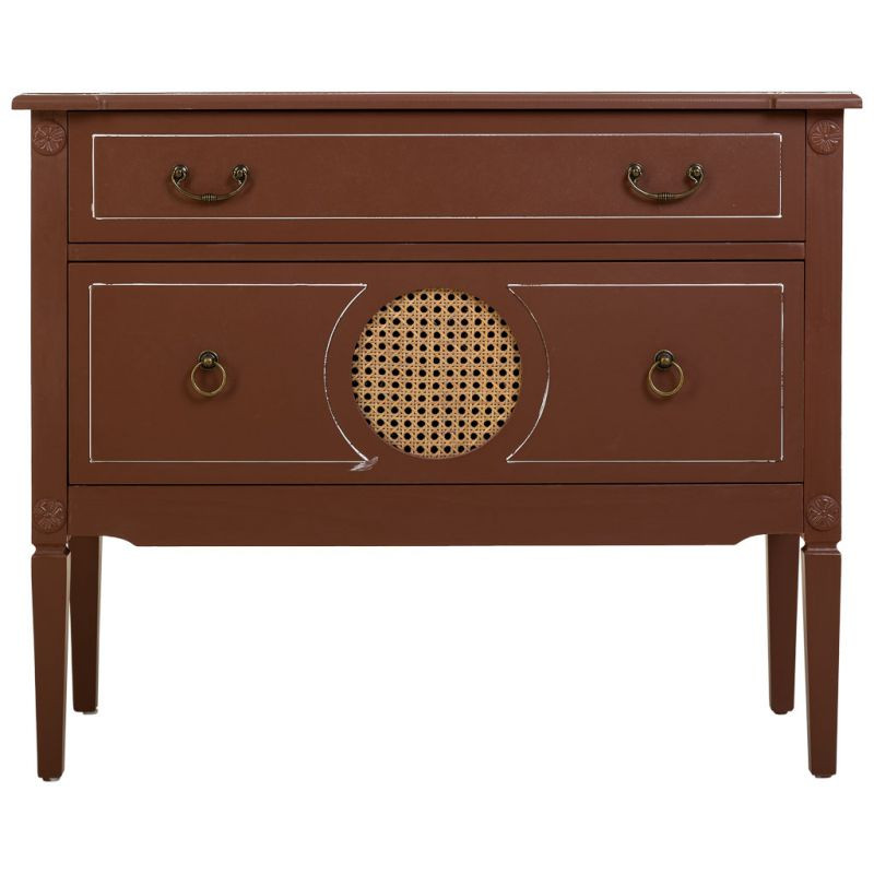 Commode 2 tiroirs brun chocolat en bois et rotin 88x38x72 cm Savenela  - 3