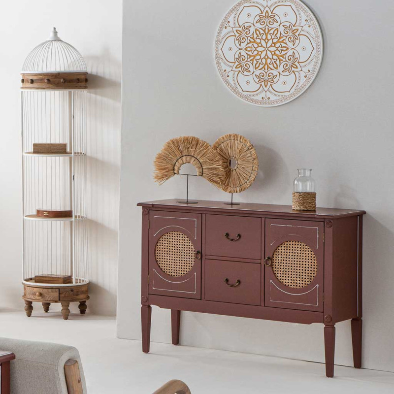 Buffet 2 portes 2 tiroirs bois et rotin chocolat 106x40x78 cm Savenela  - 2