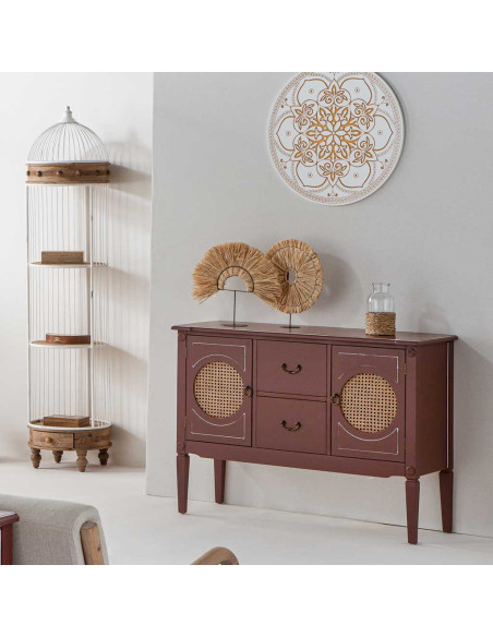 Buffet 2 portes 2 tiroirs bois et rotin chocolat 106x40x78 cm Savenela  - 2