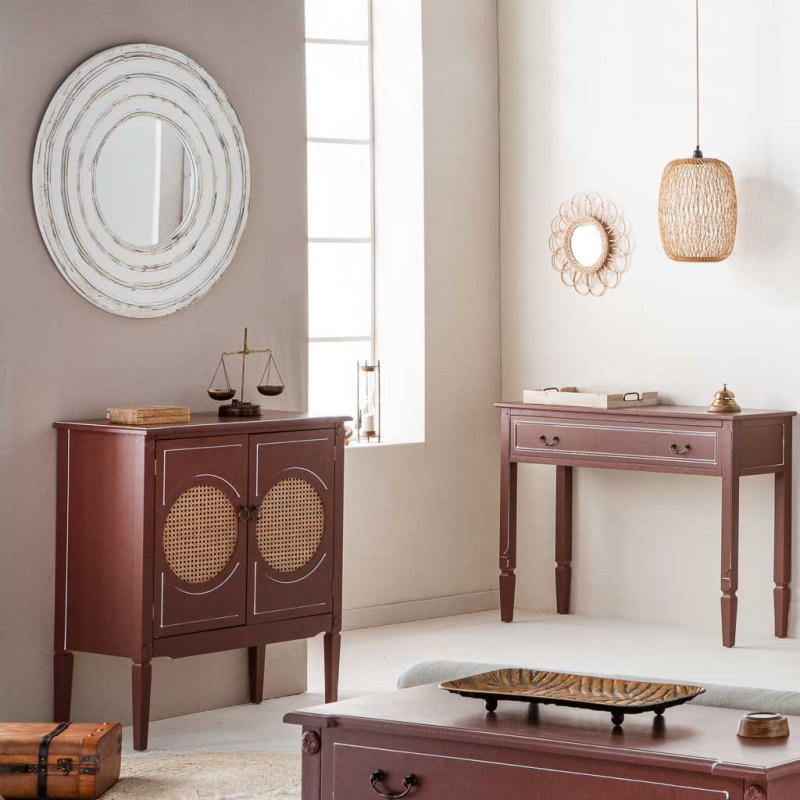 Buffet 2 portes bois et rotin chocolat 80x38x90 cm Savenela  - 2