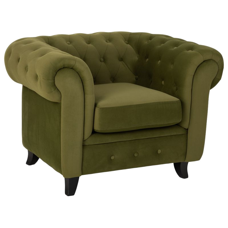 Fauteuil Chesterfield vert olive aspect velours 110x81x77 cm Joreliel  - 1