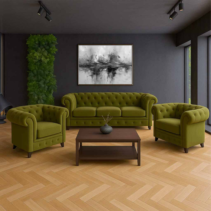 Fauteuil Chesterfield vert olive aspect velours 110x81x77 cm Joreliel  - 2