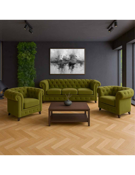 Fauteuil Chesterfield vert olive aspect velours 110x81x77 cm Joreliel  - 2