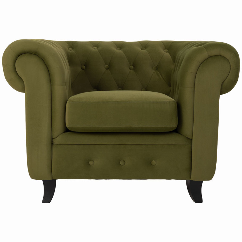 Fauteuil Chesterfield vert olive aspect velours 110x81x77 cm Joreliel  - 3