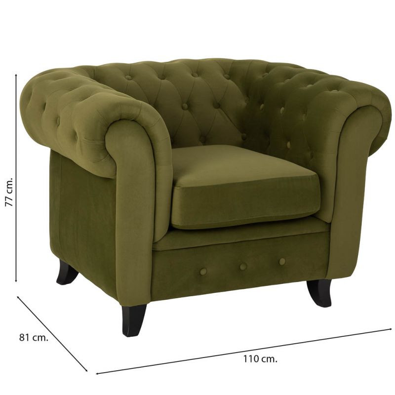 Fauteuil Chesterfield vert olive aspect velours 110x81x77 cm Joreliel  - 6