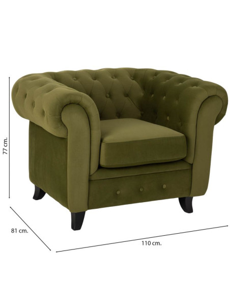 Fauteuil Chesterfield vert olive aspect velours 110x81x77 cm Joreliel  - 6