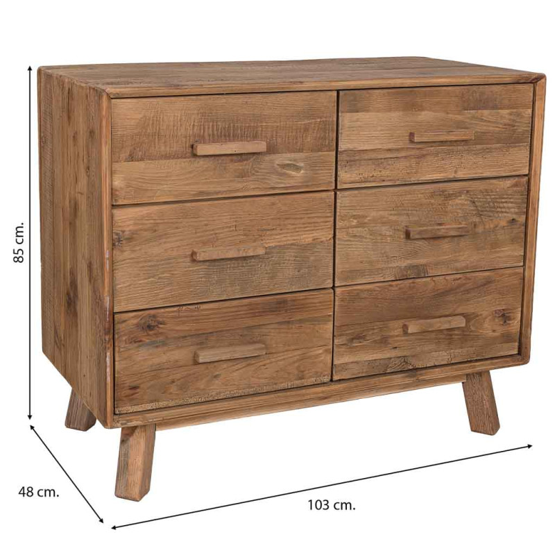 Commode 6 tiroirs pin recyclé brun miel 103x48x85 cm Varelesa  - 10