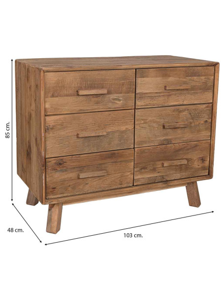 Commode 6 tiroirs pin recyclé brun miel 103x48x85 cm Varelesa  - 10