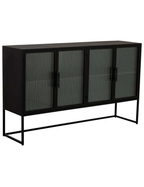 Buffet 4 portes métal noir et verre strié 150x38,5x90,5 cm Maveleno  - 1