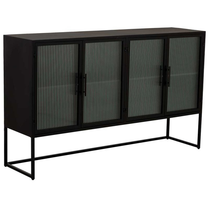 Buffet 4 portes métal noir et verre strié 150x38,5x90,5 cm Maveleno  - 1