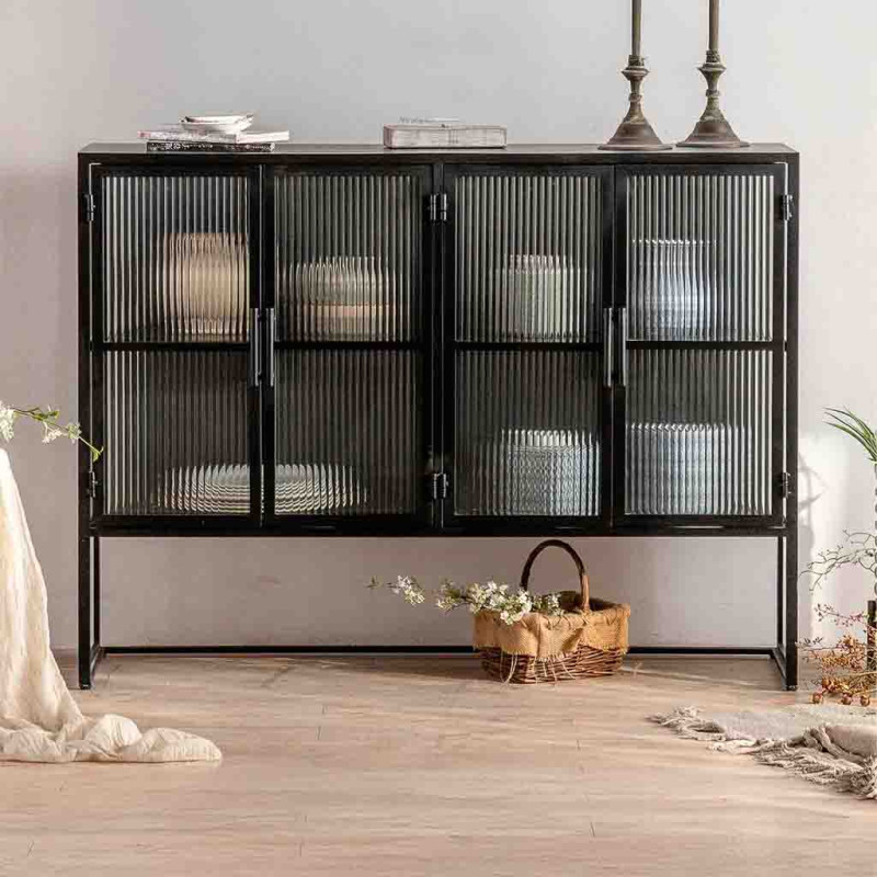 Buffet 4 portes métal noir et verre strié 150x38,5x90,5 cm Maveleno  - 2