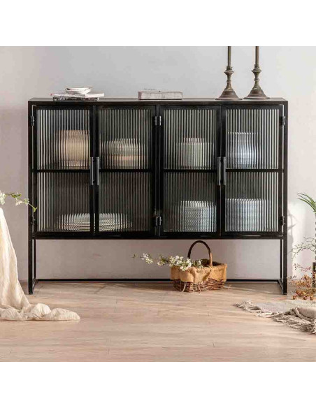 Buffet 4 portes métal noir et verre strié 150x38,5x90,5 cm Maveleno  - 2