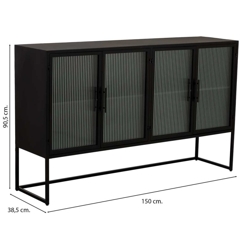 Buffet 4 portes métal noir et verre strié 150x38,5x90,5 cm Maveleno  - 7