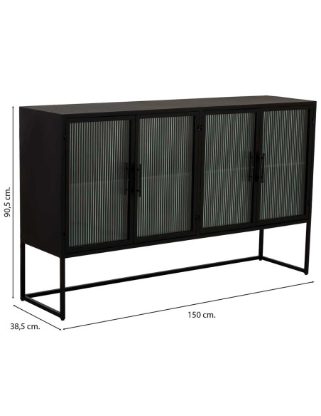 Buffet 4 portes métal noir et verre strié 150x38,5x90,5 cm Maveleno  - 7