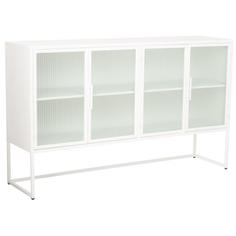 Buffet 4 portes métal blanc et verre strié 150x38,5x90,5 cm Maveleno  - 1