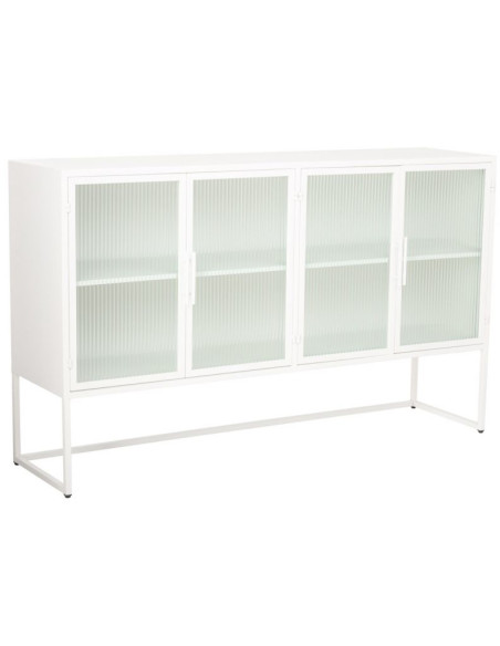 Buffet 4 portes métal blanc et verre strié 150x38,5x90,5 cm Maveleno  - 1