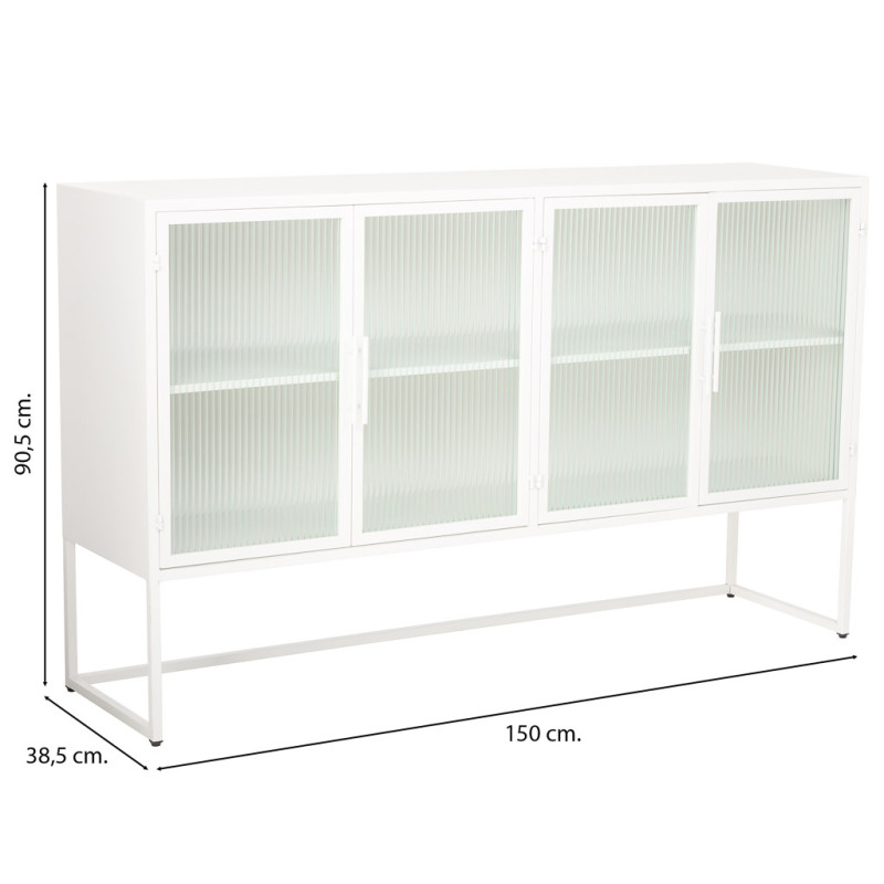 Buffet 4 portes métal blanc et verre strié 150x38,5x90,5 cm Maveleno  - 6