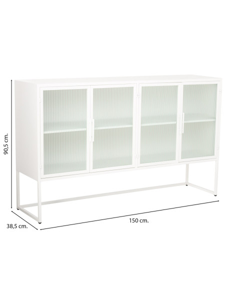 Buffet 4 portes métal blanc et verre strié 150x38,5x90,5 cm Maveleno  - 6