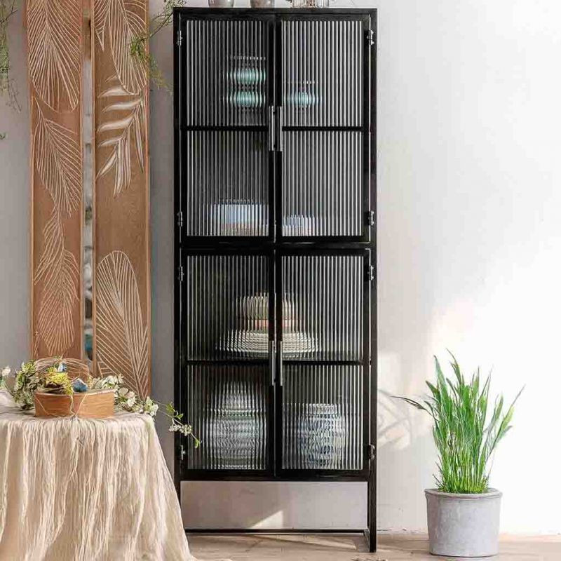 Vitrine haute 4 portes métal noir et verre strié 80x38,5x161 cm Maveleno  - 2