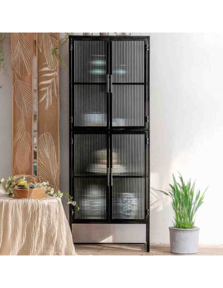Vitrine haute 4 portes métal noir et verre strié 80x38,5x161 cm Maveleno  - 2