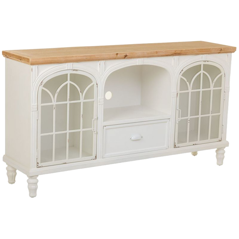 Meuble TV blanc vieilli et bois naturel 150x36x80 cm Almarina  - 1