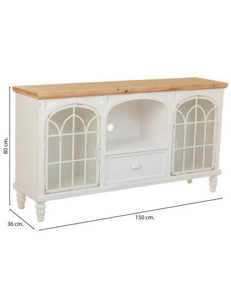 Meuble TV blanc vieilli et bois naturel 150x36x80 cm Almarina  - 9