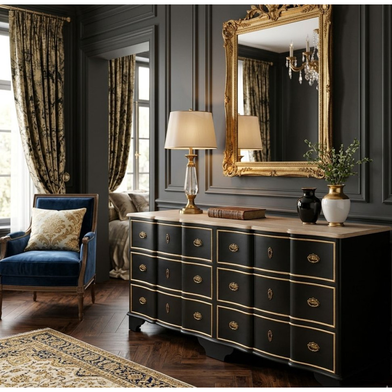 Commode noire 6 tiroirs en MDF et sapin 193x50x80 cm Narelora  - 2
