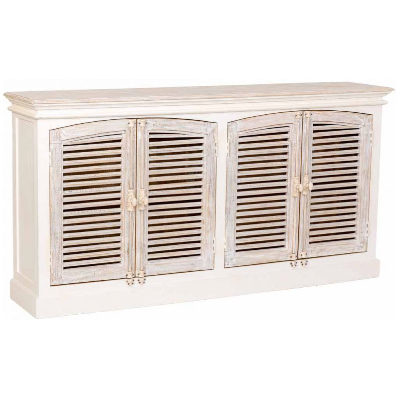 Buffet 4 portes persiennes blanc patiné en manguier massif 182x38x93 cm Morenedo  - 1