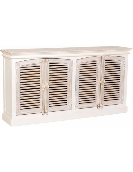Buffet 4 portes persiennes blanc patiné en manguier massif 182x38x93 cm Morenedo  - 1