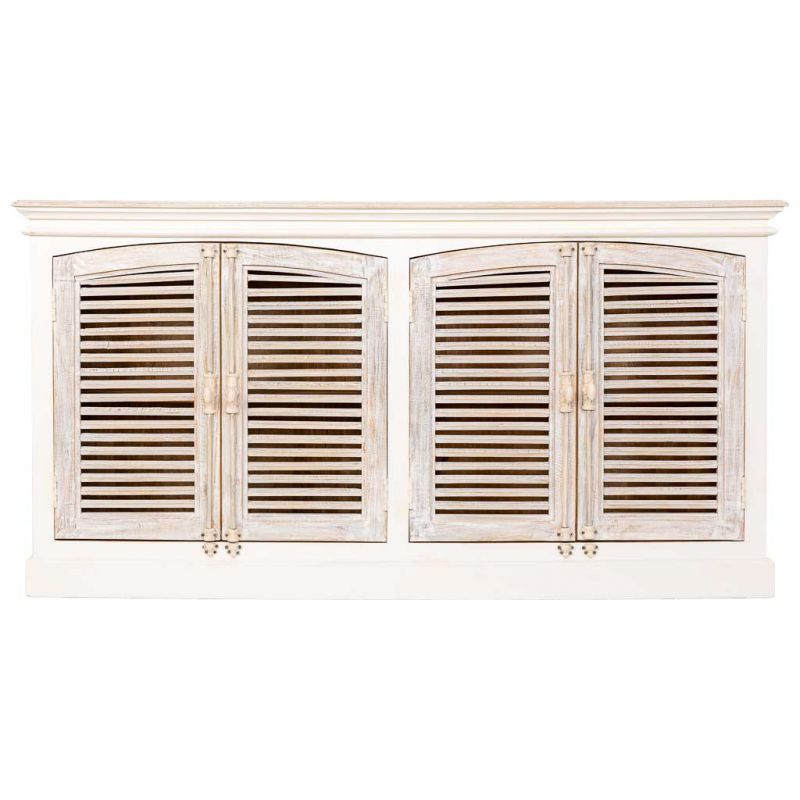 Buffet 4 portes persiennes blanc patiné en manguier massif 182x38x93 cm Morenedo  - 2
