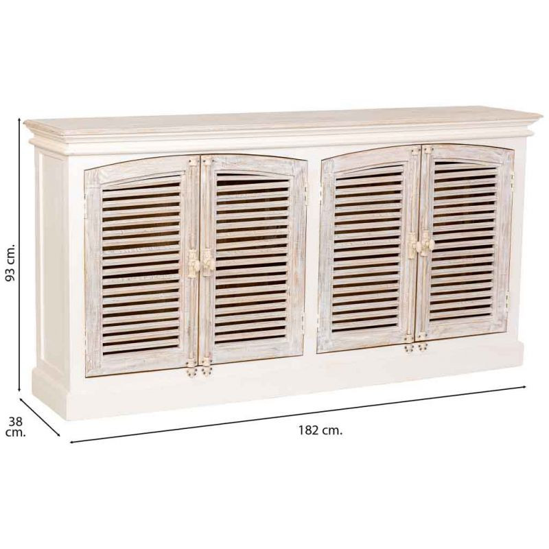 Buffet 4 portes persiennes blanc patiné en manguier massif 182x38x93 cm Morenedo  - 8