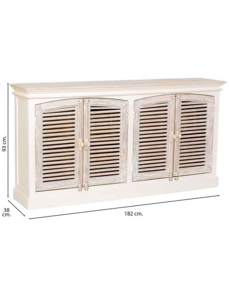 Buffet 4 portes persiennes blanc patiné en manguier massif 182x38x93 cm Morenedo  - 8