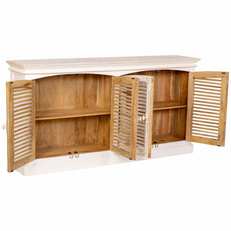 Buffet 4 portes persiennes blanc patiné en manguier massif 182x38x93 cm Morenedo  - 3