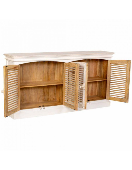 Buffet 4 portes persiennes blanc patiné en manguier massif 182x38x93 cm Morenedo  - 3