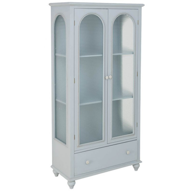 Vitrine 2 portes en bois bleu grisé et verre ondulé 80x38x160 cm Orelela  - 1