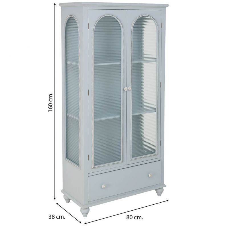 Vitrine 2 portes en bois bleu grisé et verre ondulé 80x38x160 cm Orelela  - 10