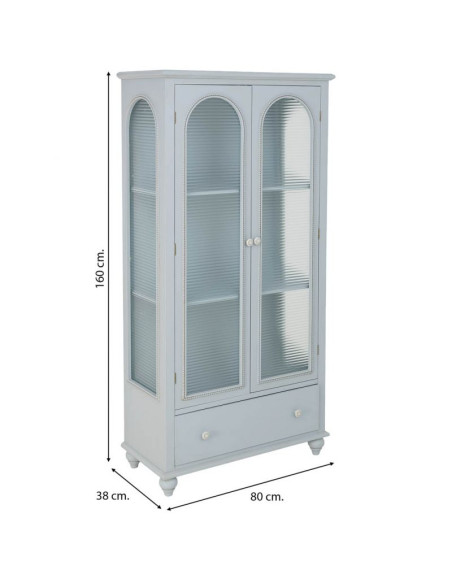 Vitrine 2 portes en bois bleu grisé et verre ondulé 80x38x160 cm Orelela  - 10