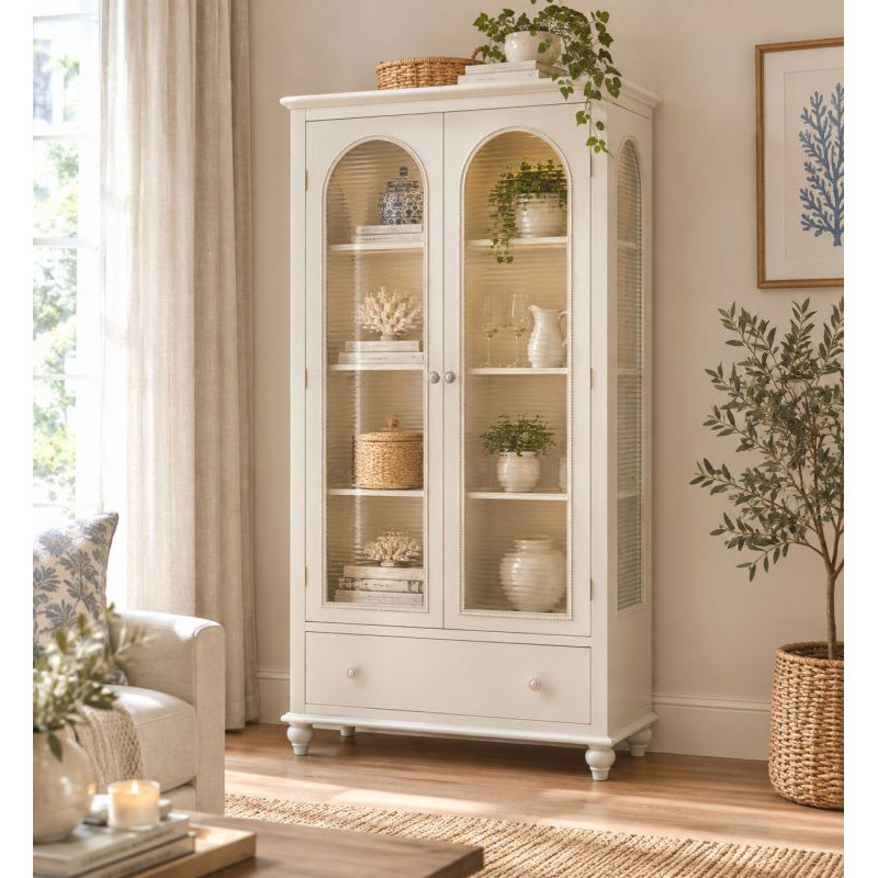 Vitrine blanche 2 portes en bois et verre strié 80x38x160 cm Orelela  - 2